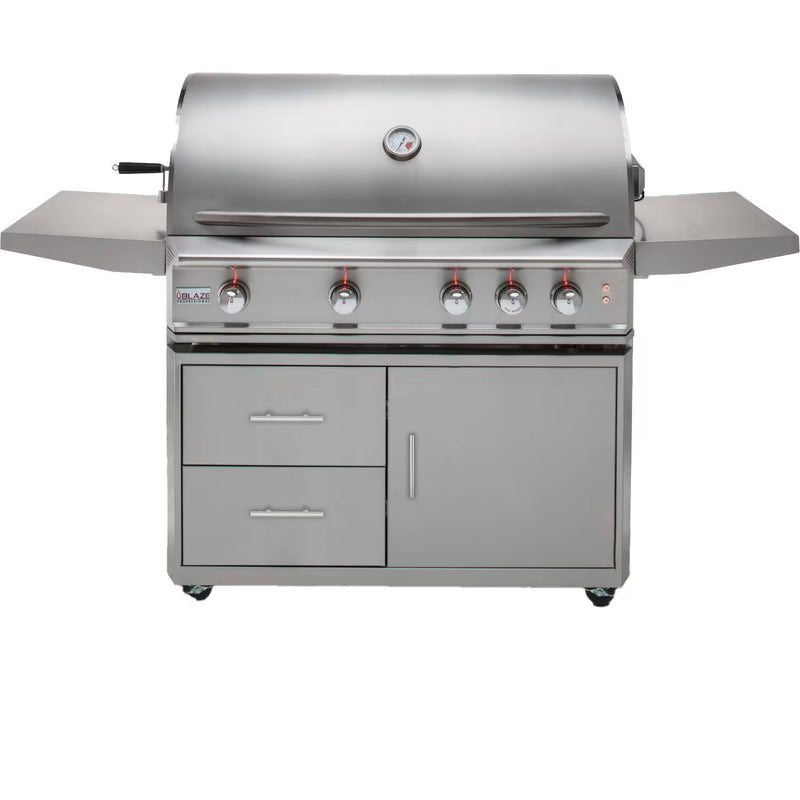 Load image into Gallery viewer, A stainless steel Blaze Professional LUX 44-Inch 4-Burner Grill with a rear infrared burner, featuring a closed hood, side shelves, and a push-and-turn flame-thrower ignition system.
