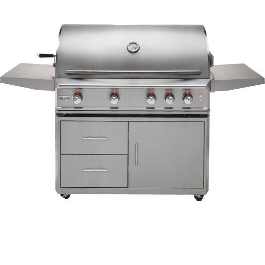 A stainless steel Blaze Professional LUX 44-Inch 4-Burner Grill with a rear infrared burner, featuring a closed hood, side shelves, and a push-and-turn flame-thrower ignition system.
