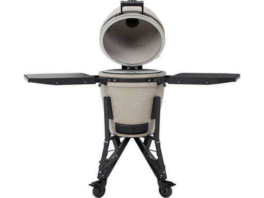 BSTRD.CORE 15 3/4-inch Medium Complete Kamado Grill in Desert Sand with stainless steel cooking grate and modular side tables