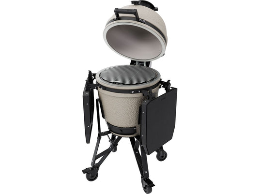 BSTRD.CORE 15 3/4-inch Medium Complete Kamado Grill in Desert Sand with stainless steel cooking grate and modular side tables