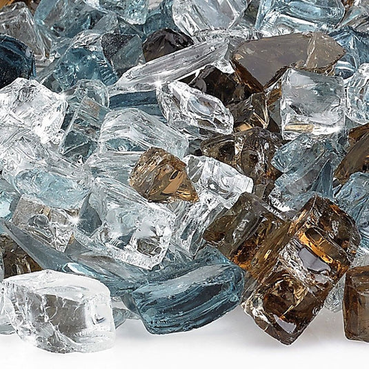 Close up of 1/2 inch Bali Reflective Fire Glass showing blue, brown, and white reflective tempered glass pieces
