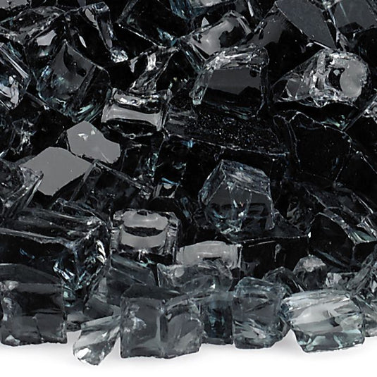Close up of 1/2 inch Black Fire Glass showing black tempered glass pieces with a smooth glossy finish