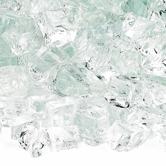 Close up of 1/2 inch Clear Fire Glass showing transparent tempered glass pieces with a crystal-like finish
