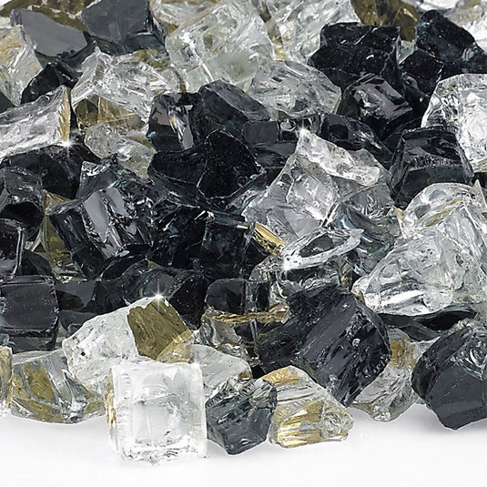 Close up of 1/2 inch Las Vegas Reflective Fire Glass showing black, white, and yellow reflective tempered glass pieces