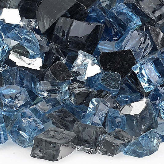 Close up of 1/2 inch Maui Breeze Reflective Fire Glass showing Pacific blue and gray reflective tempered glass pieces