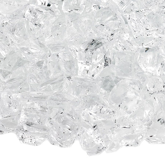 Close up of 1/2 inch StarFire Fire Glass showing clear tempered glass pieces with a brilliant sparkling finish