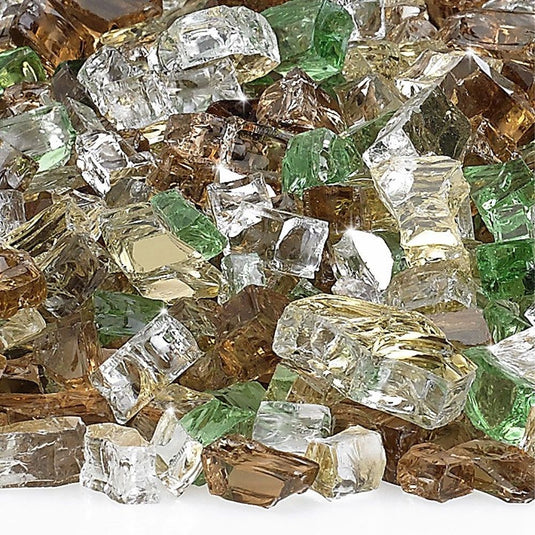 Close up of 1/2 inch Yosemite Reflective Fire Glass showing copper, evergreen, and gold reflective tempered glass pieces