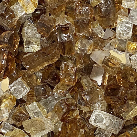 Close up of 1/2 inch Zion Reflective Fire Glass showing copper and gold reflective tempered glass pieces