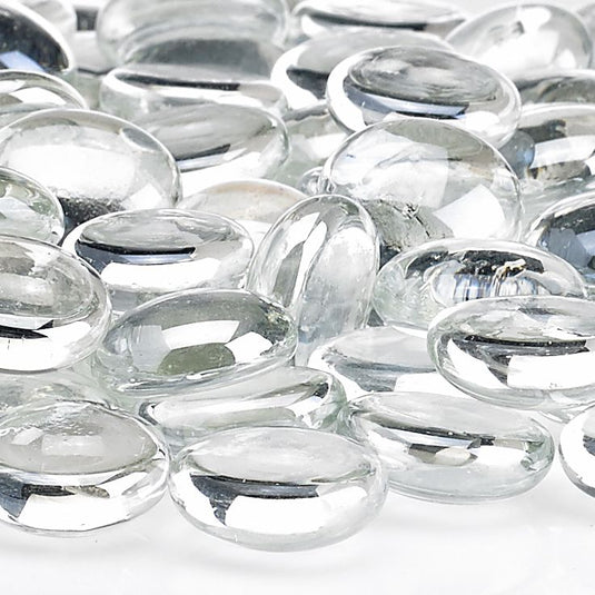 Close up view of glacier ice fire beads showing crystal clear reflective glass texture for fire pits