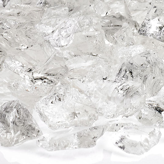 Close up of Ice Medium tempered fire pit glass showing clear reflective glass pieces for gas fire features