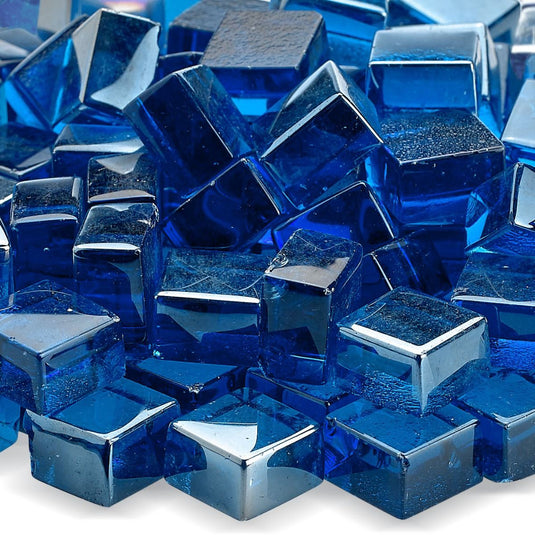 Close up of Pacific Blue Luster 2.0 Fire Glass Cubes showing bright blue color with a reflective luster finish