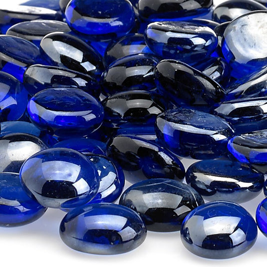 Close up of Royal Blue Luster fire beads showing rich blue tempered glass with reflective gemstone-like shine