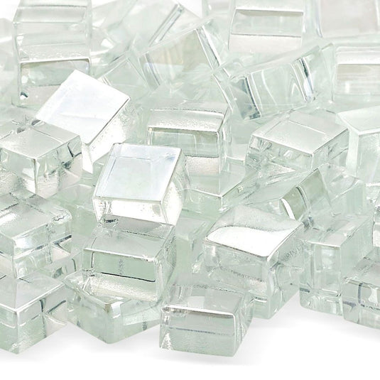 Close up of American Fire Products Starfire Luster 2.0 Fire Glass Cubes showing clear tempered glass with a reflective luster finish