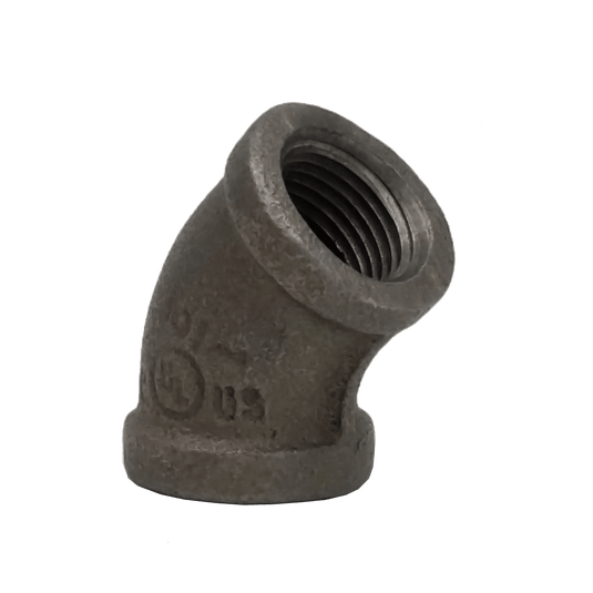 Dante 1/2 inch black malleable iron 45 degree elbow with female NPT threads for gas, oil, and water systems
