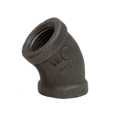 Dante 1/2 inch black malleable iron 45 degree elbow with female NPT threads for gas, oil, and water systems