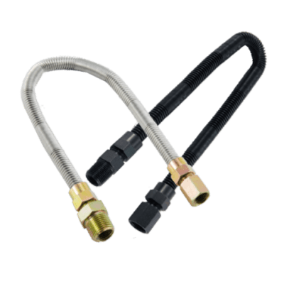 Dante 1/2 inch whistle free gas flex hose in black and stainless steel finishes for fire pits and fireplaces