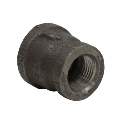 Dante 1/2 inch x 3/8 inch black malleable iron bell reducer with FNPT threads, rated 300 PSI for gas and plumbing applications