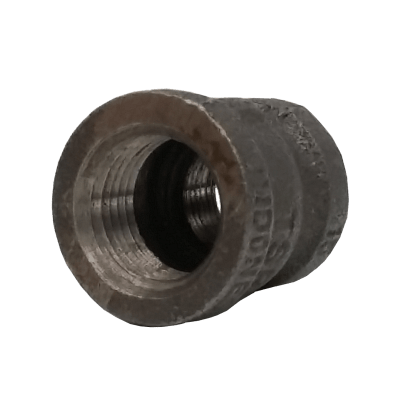 Dante 1/2 inch x 3/8 inch black malleable iron bell reducer with FNPT threads, rated 300 PSI for gas and plumbing applications