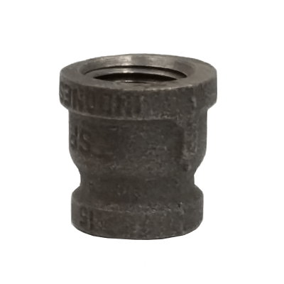 Dante 1/2 inch x 3/8 inch black malleable iron bell reducer with FNPT threads, rated 300 PSI for gas and plumbing applications