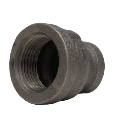 Dante 1 inch x 1/2 inch black malleable iron bell reducer with FNPT threads, rated 300 PSI for gas and plumbing applications