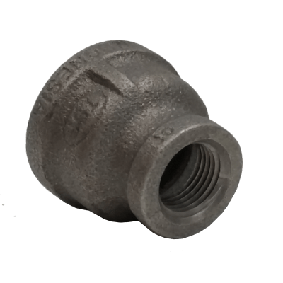 Dante 1 inch x 1/2 inch black malleable iron bell reducer with FNPT threads, rated 300 PSI for gas and plumbing applications