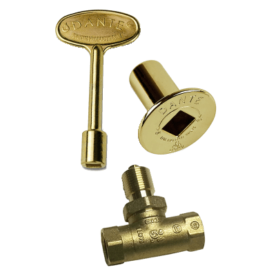 Dante 90 degree angled 1/2 inch ball valve combo pack with 3 inch key and floor plate in brass and chrome finishes