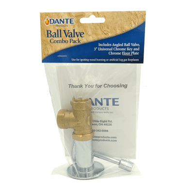 Dante 90 degree angled 1/2 inch ball valve combo pack with 3 inch key and floor plate in brass and chrome finishes