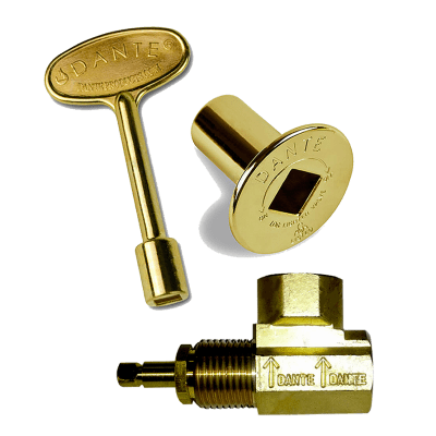 Load image into Gallery viewer, Dante 90 degree angled 1/2 inch globe valve combo kit with 3 inch key and floor plate in brass and chrome finishes
