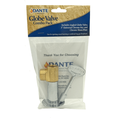Dante 90 degree angled 1/2 inch globe valve combo kit with 3 inch key and floor plate in brass and chrome finishes