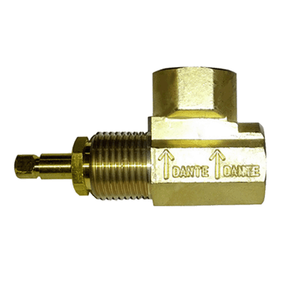Dante 90-degree angled forged brass globe valve with 1/2-inch NPT connections and 98,000 BTU rating.