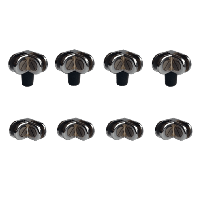 Dante Glass Guard Connector Kit with 8 pieces including GC-90F, GC-90, GCS-F, and GCS connectors for fireplace and glass panel installations