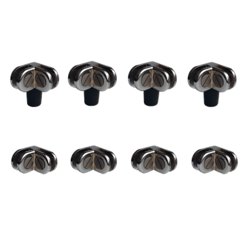 Load image into Gallery viewer, Dante Glass Guard Connector Kit with 8 pieces including GC-90F, GC-90, GCS-F, and GCS connectors for fireplace and glass panel installations
