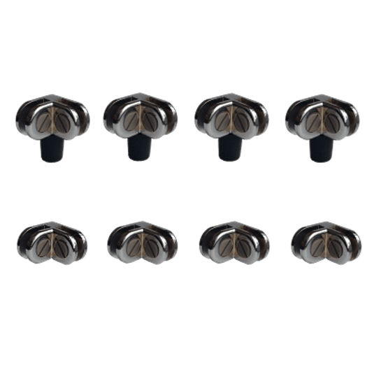 Dante Glass Guard Connector Kit with 8 pieces including GC-90F, GC-90, GCS-F, and GCS connectors for fireplace and glass panel installations