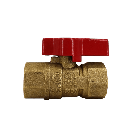 Dante 1/2-inch straight inline forged brass 1/4-turn ball valve with 1/2-inch NPT connections for gas fireplaces and fire pits.