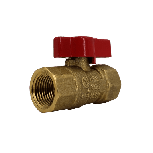 Dante 1/2-inch straight inline forged brass 1/4-turn ball valve with 1/2-inch NPT connections for gas fireplaces and fire pits.