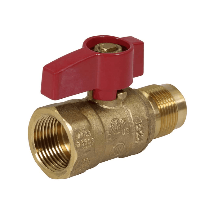 Dante 3/8-inch flare x 1/2-inch FIP straight forged brass 1/4-turn ball valve for fire pits and fireplaces.