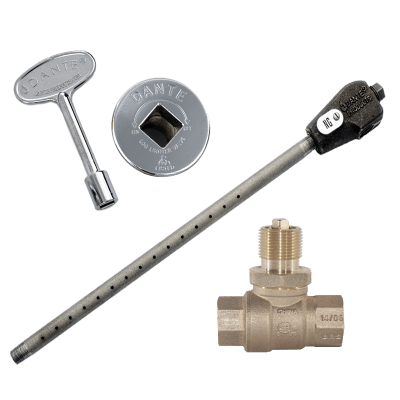 Dante Log Lighter 3/4″ Straight Ball Valve Combo Pack with log lighter, straight ball valve, 3-inch key, and chrome/brass floor plate for natural gas and propane fireplaces