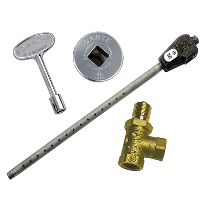 Load image into Gallery viewer, Dante Log Lighter 90° Angled Ball Valve Combo Pack with 1/2″ 90° Ball Valve, 3″ Key, and Chrome or Bright Brass Floor Plate for Natural Gas and Propane Fireplaces
