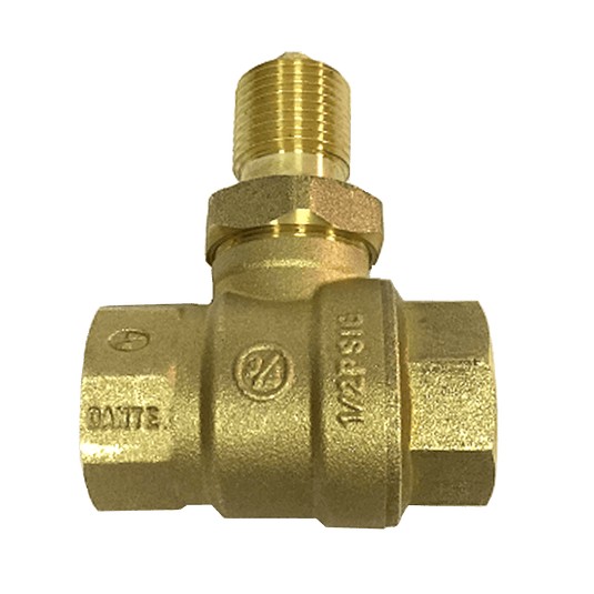 Dante fully port straight 3/4-inch forged brass quarter-turn ball valve with 3/4-inch NPT connections and 300,000 BTU rating.