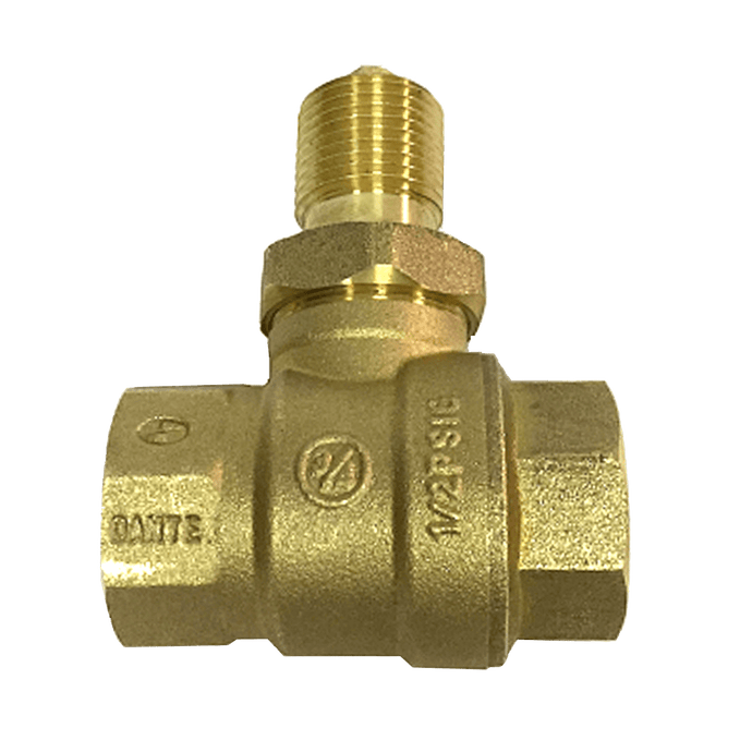 Dante fully port straight 3/4-inch forged brass quarter-turn ball valve with 3/4-inch NPT connections and 300,000 BTU rating.