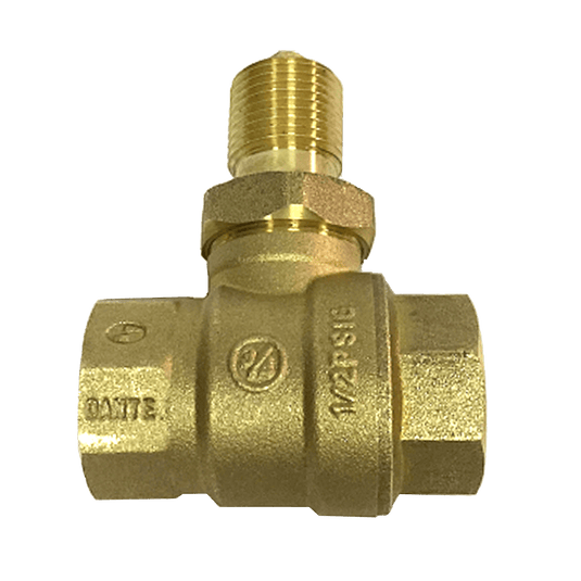 Dante fully port straight 3/4-inch forged brass quarter-turn ball valve with 3/4-inch NPT connections and 300,000 BTU rating.