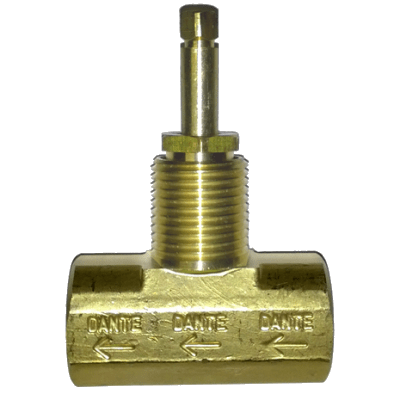 Dante straight forged brass gas globe valve with 1/2-inch NPT connections and 107,625 BTU rating.