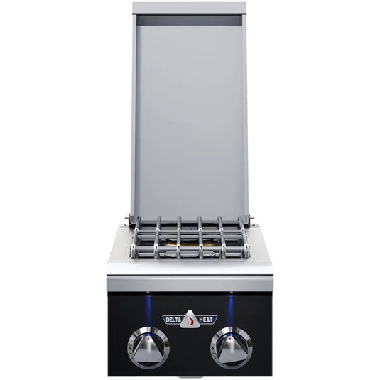 Delta Heat 12-inch built-in double side burner with black control panel, LED illuminated knobs, and stainless steel lid for outdoor kitchens
