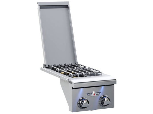 Delta Heat 12-inch built-in gas double side burner with two 16,000 BTU sealed burners and stainless steel cover for outdoor kitchens
