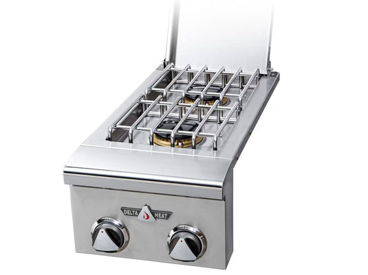 Delta Heat 12-inch built-in gas double side burner with two 16,000 BTU sealed burners and stainless steel cover for outdoor kitchens