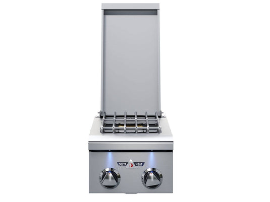 Delta Heat 12-inch built-in gas double side burner with two 16,000 BTU sealed burners and stainless steel cover for outdoor kitchens