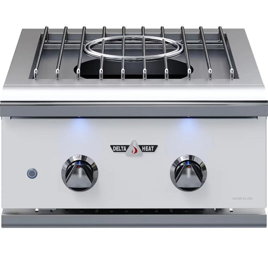 Delta Heat 22-Inch Built-In Power Burner with white control panel, stainless steel construction, LED illuminated knobs, and removable wok ring compatible with propane and natural gas
