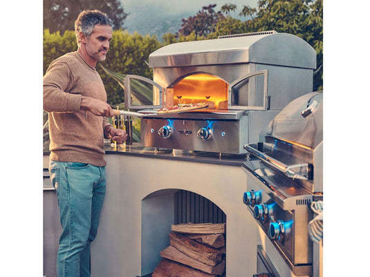Delta Heat 30-inch freestanding gas pizza oven with stainless steel construction and dual burners for outdoor kitchens