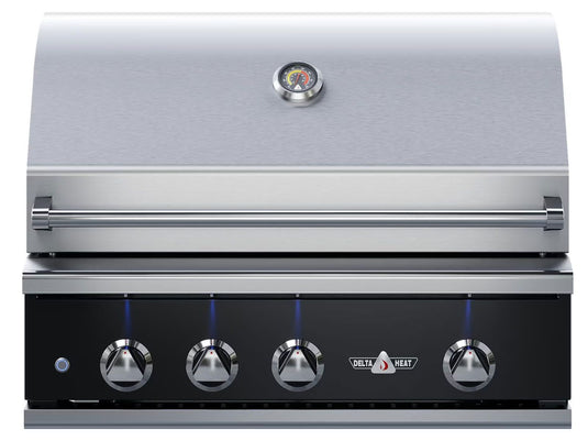 Delta Heat 32-inch built-in 3-burner gas grill with infrared sear zone rotisserie burner and black control panel