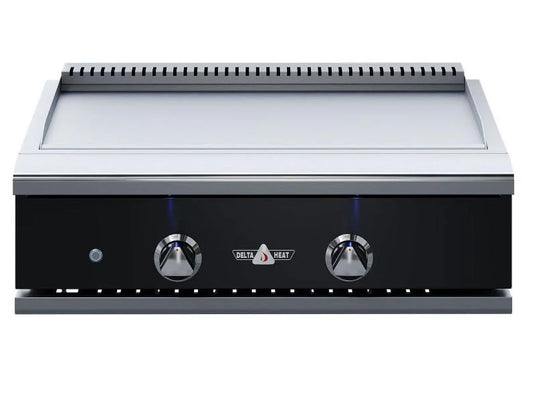 Delta Heat 32-inch built-in gas teppanyaki griddle with black control panel and stainless steel cooking surface